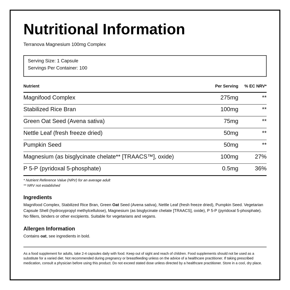 Terranova Magnesium 100mg Complex — nutrition information panel, generated from the pack
