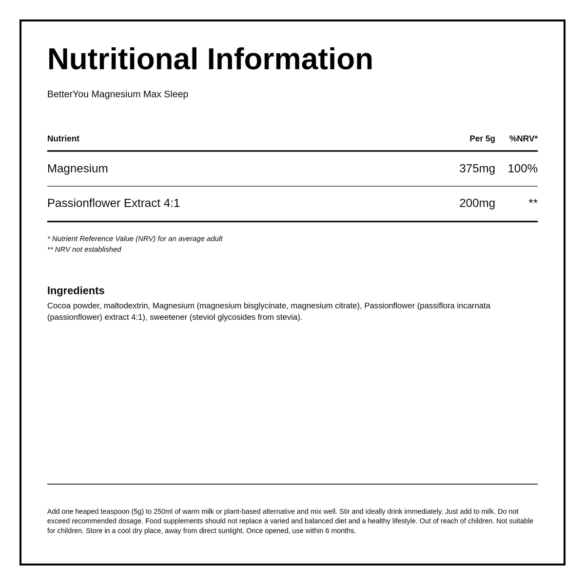 BetterYou Magnesium Max Sleep Powder — nutrition information panel, generated from the pack