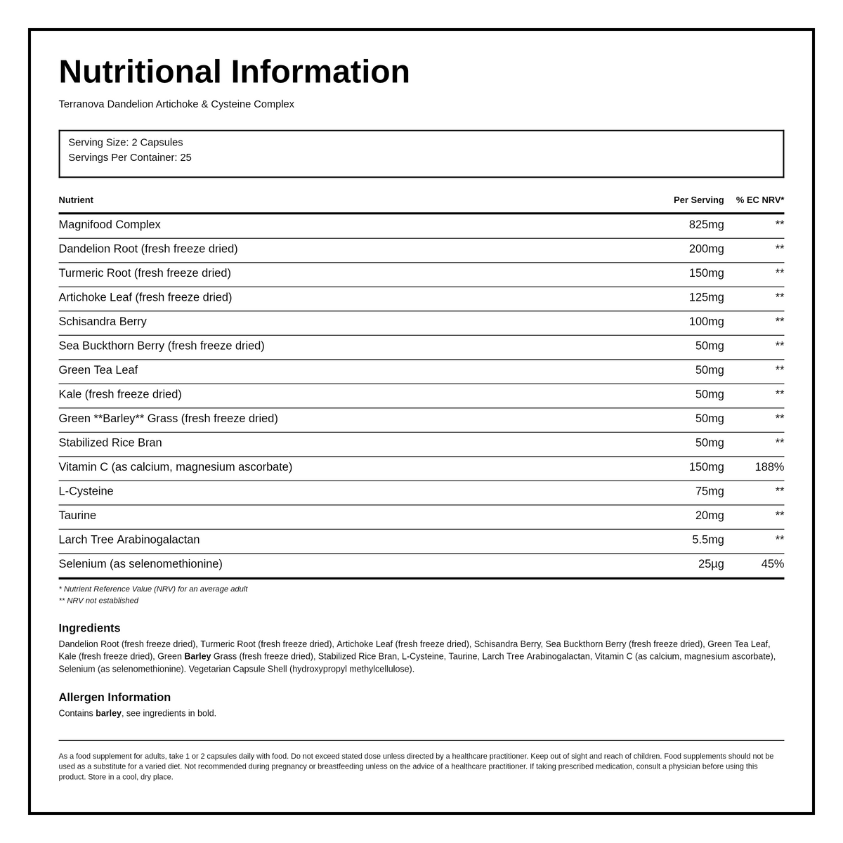 Terranova Dandelion, Artichoke & Cysteine Complex — nutrition information panel, generated from the pack
