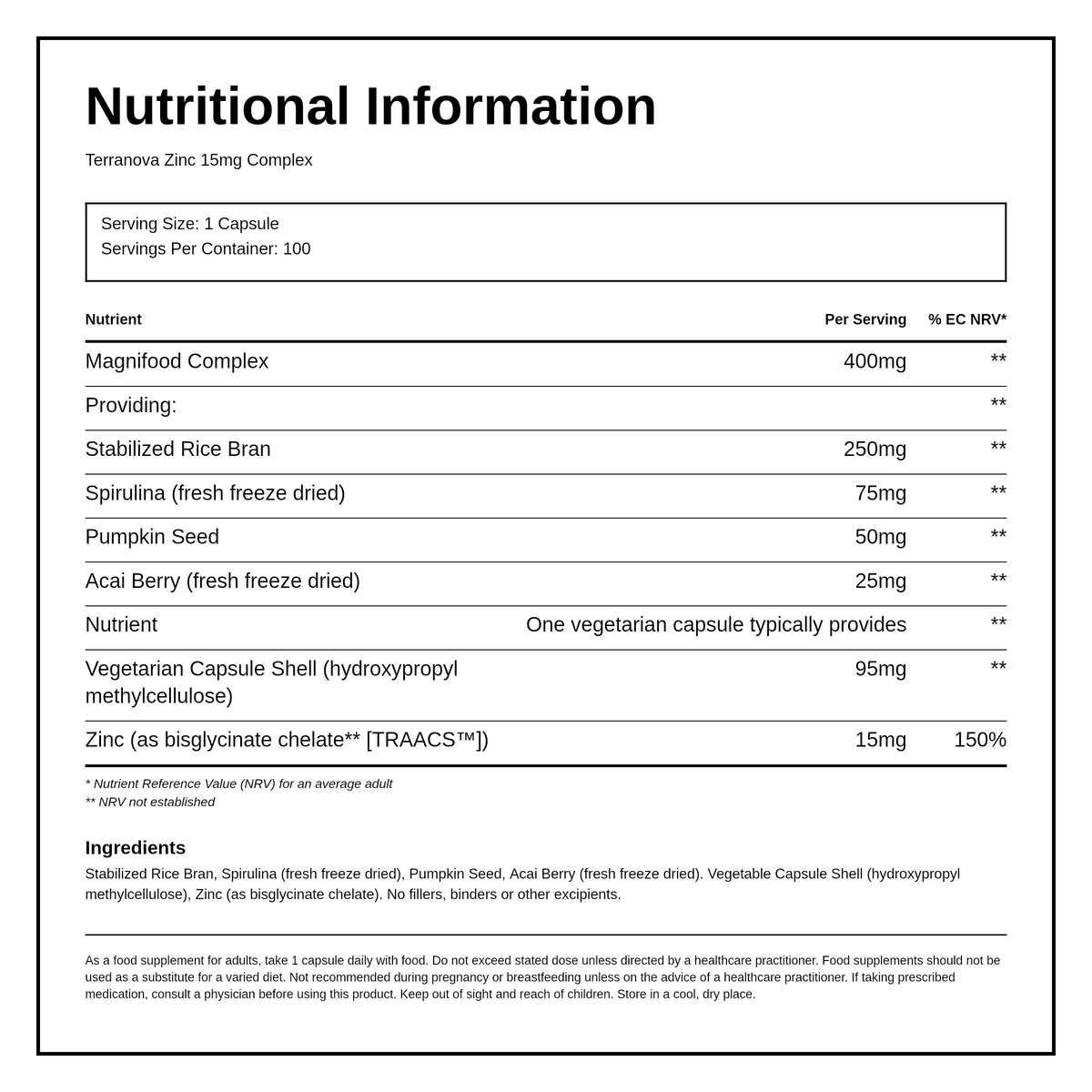 Terranova Zinc 15mg Complex — nutrition information panel, generated from the pack