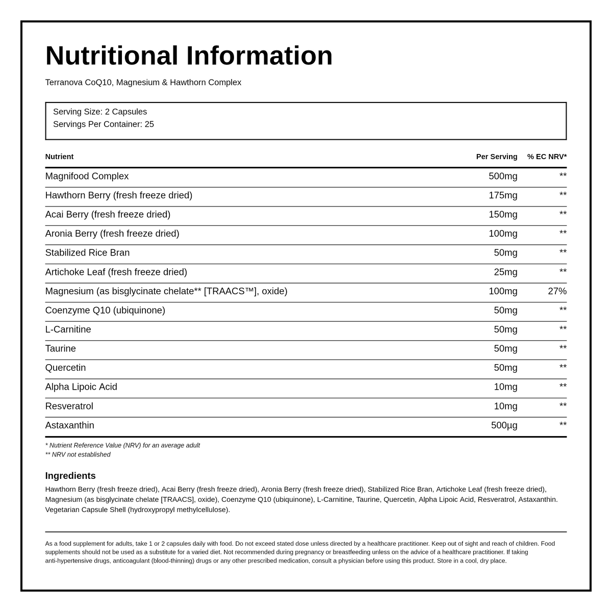 Terranova Co-Q-10, Magnesium & Hawthorn Complex — nutrition information panel, generated from the pack