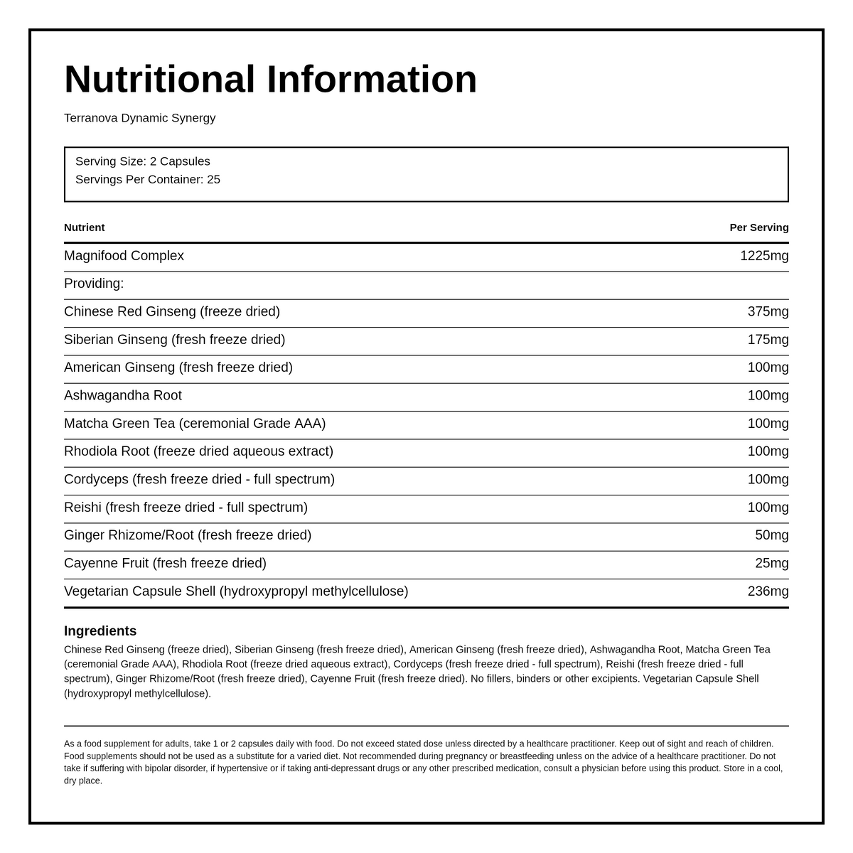 Terranova Dynamic Synergy — nutrition information panel, generated from the pack
