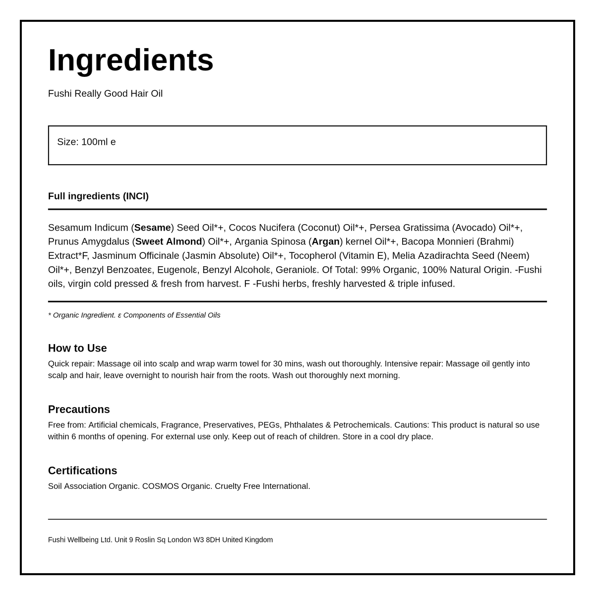 Fushi Wellbeing Really Good Hair Oil — ingredients (INCI) panel, generated from the pack