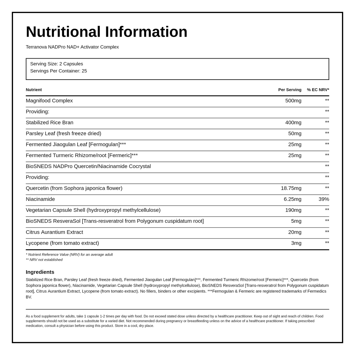 Terranova NextGen NADPro™ NAD+ Activator — nutrition information panel, generated from the pack