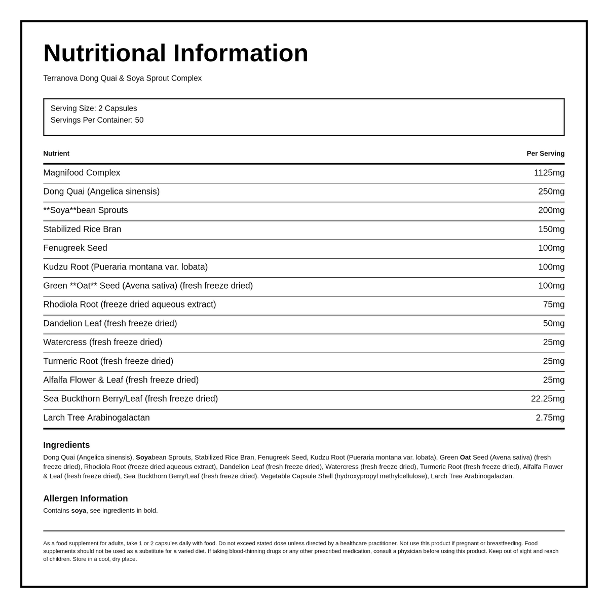 Terranova Dong Quai Soya Sprout Complex — nutrition information panel, generated from the pack