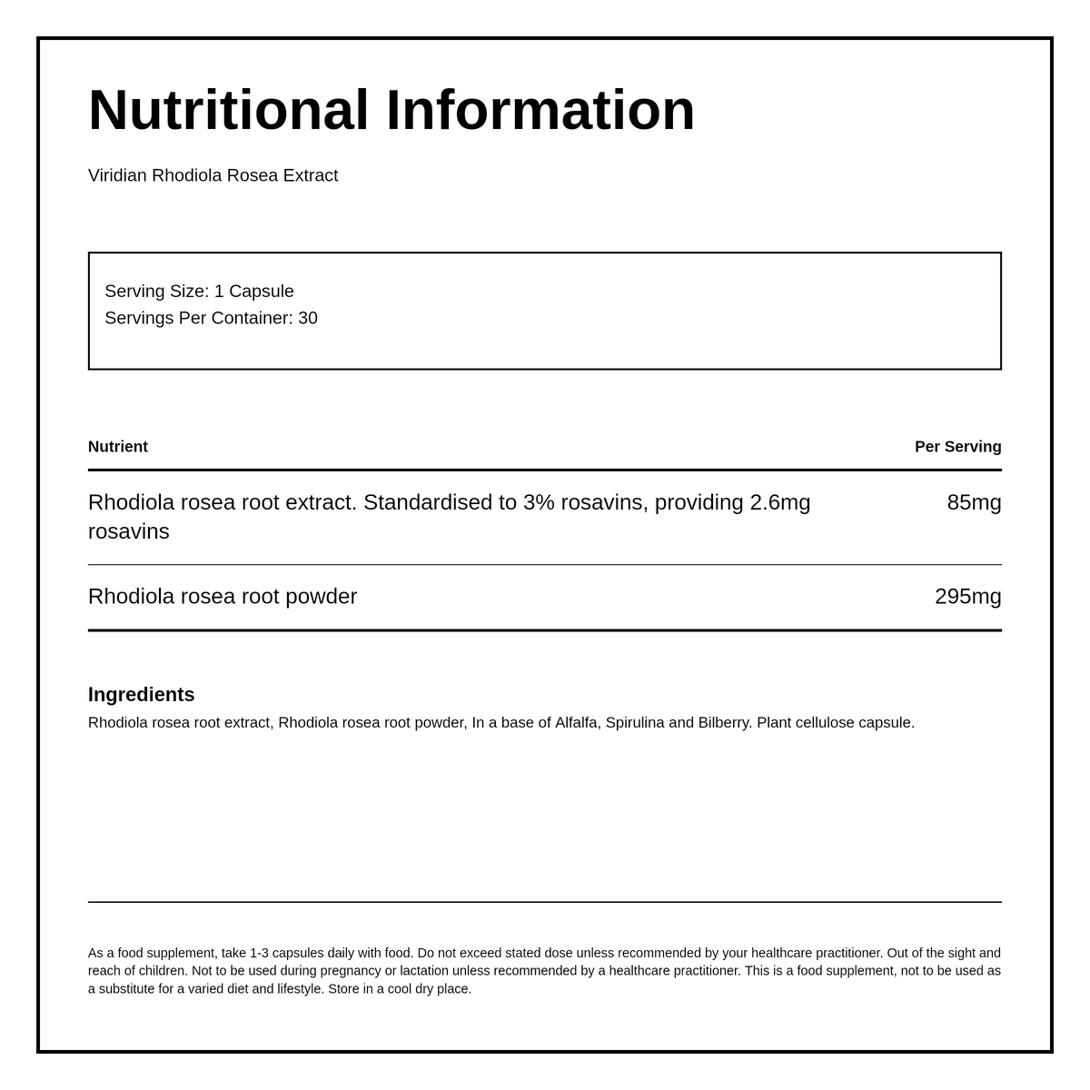 Viridian Rhodiola Rosea Root Extract — nutrition information panel, generated from the pack