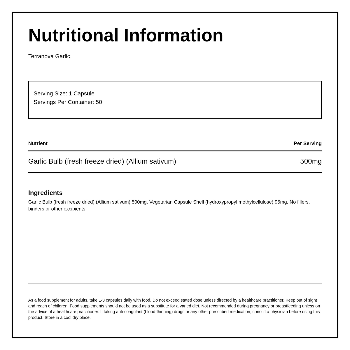 Terranova Garlic 500mg — nutrition information panel, generated from the pack