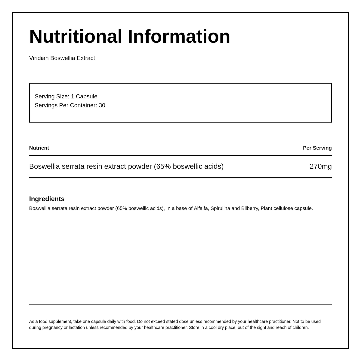 Viridian Boswellia Resin Extract 270mg — nutrition information panel, generated from the pack