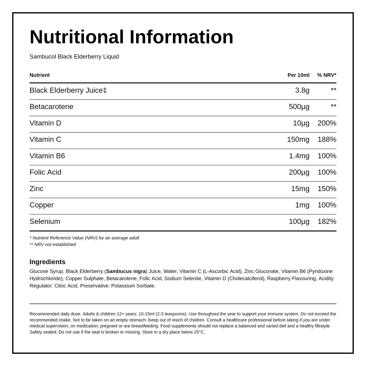 Sambucol Extra Defence — nutrition information panel, generated from the pack