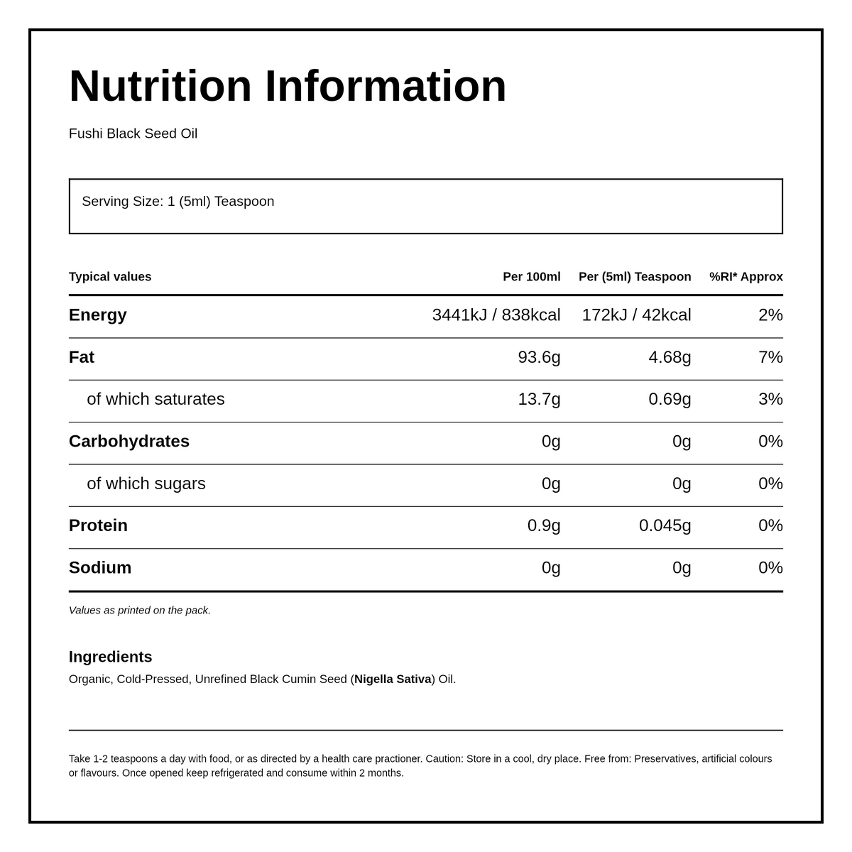 Fushi Wellbeing Black Seed Oil Organic — nutrition information panel, generated from the pack