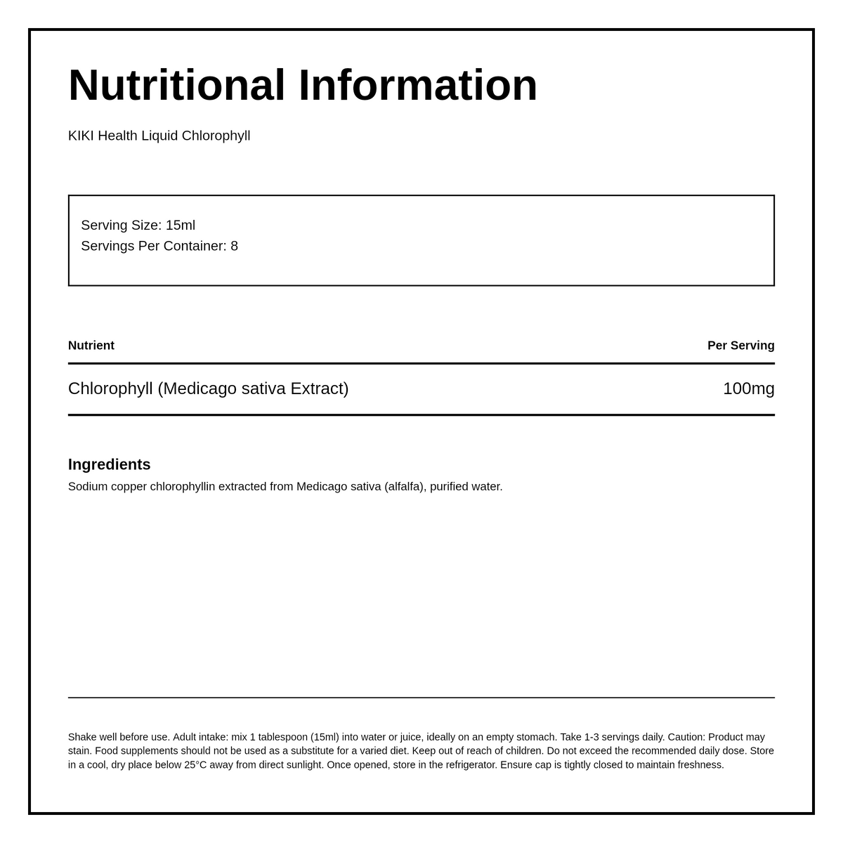 KIKI Health Liquid Chlorophyll — nutrition information panel, generated from the pack