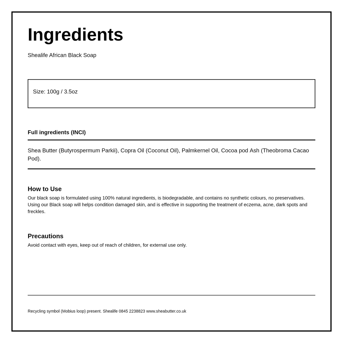 Shealife Black Soap — ingredients (INCI) panel, generated from the pack