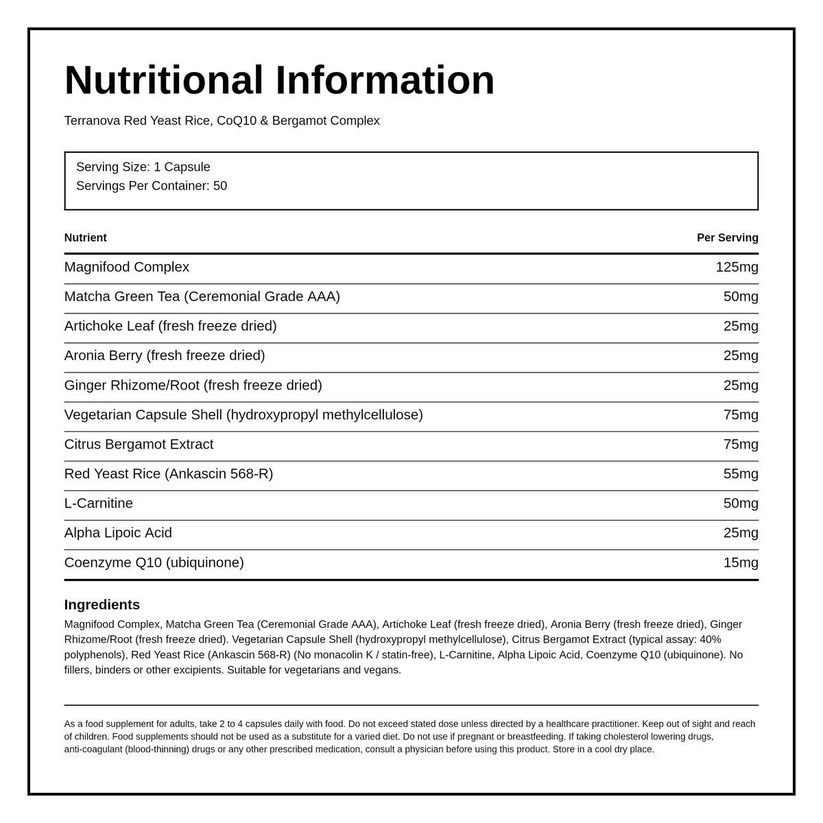 Terranova Red Yeast Rice, Co-Q-10 & Bergamot Complex — nutrition information panel, generated from the pack