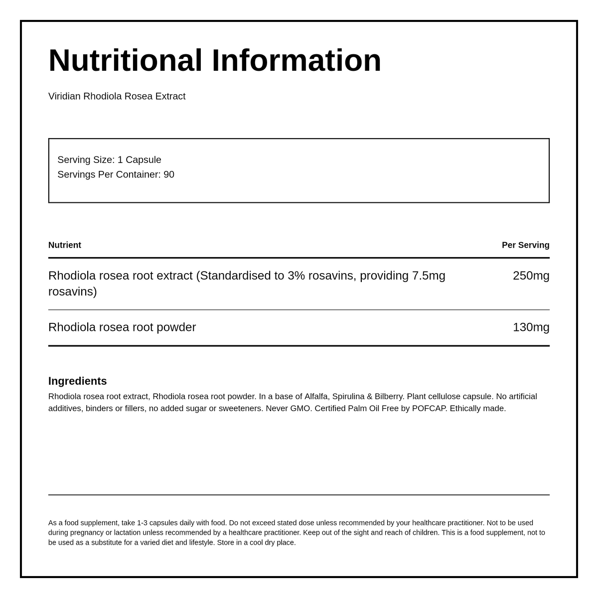Viridian High Potency Rhodiola Rosea Root Extract Capsules — nutrition information panel, generated from the pack