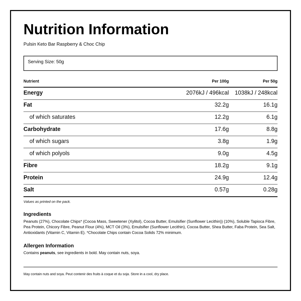 Pulsin Raspberry Choc Chip Keto Bar — nutrition information panel, generated from the pack