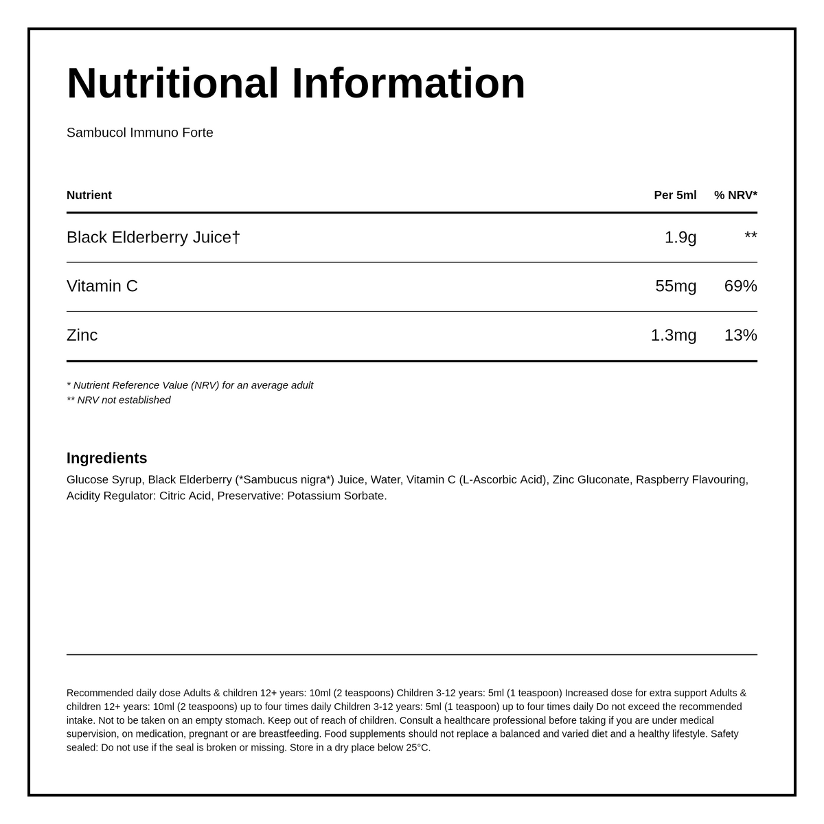 Sambucol Immuno Forte — nutrition information panel, generated from the pack