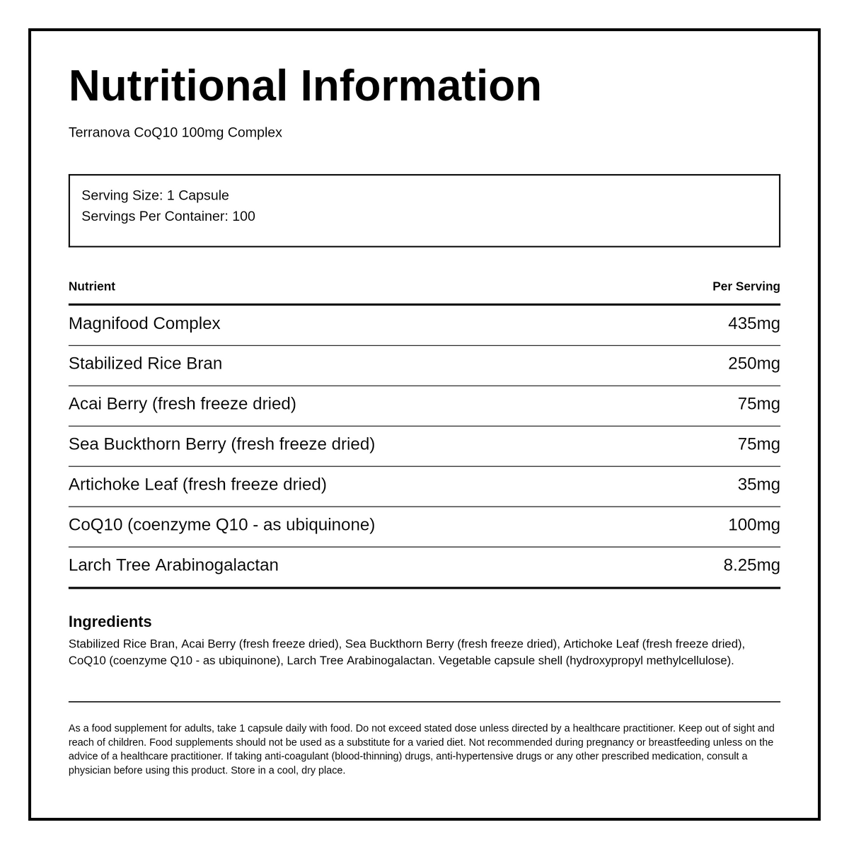 Terranova CoQ10 100mg Complex — nutrition information panel, generated from the pack