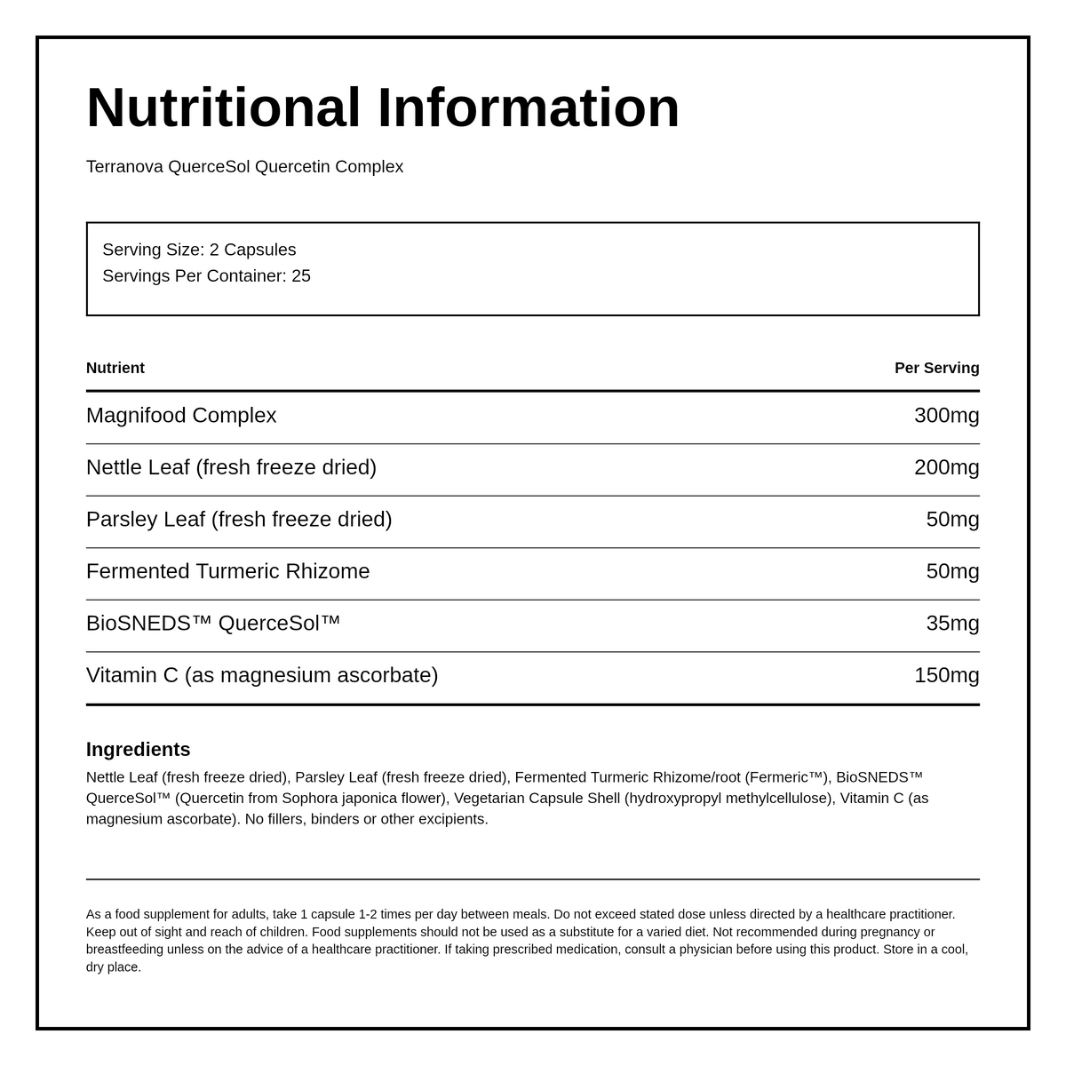 Terranova NextGen QuerceSol™ Quercetin Complex — nutrition information panel, generated from the pack