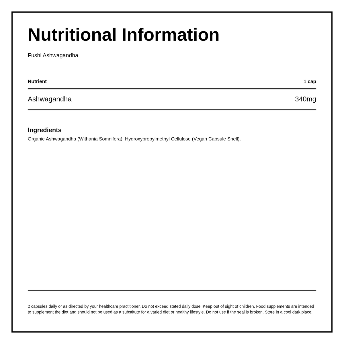 Fushi Wellbeing Ashwagandha Capsules Organic 60 Veg Caps — nutrition information panel, generated from the pack