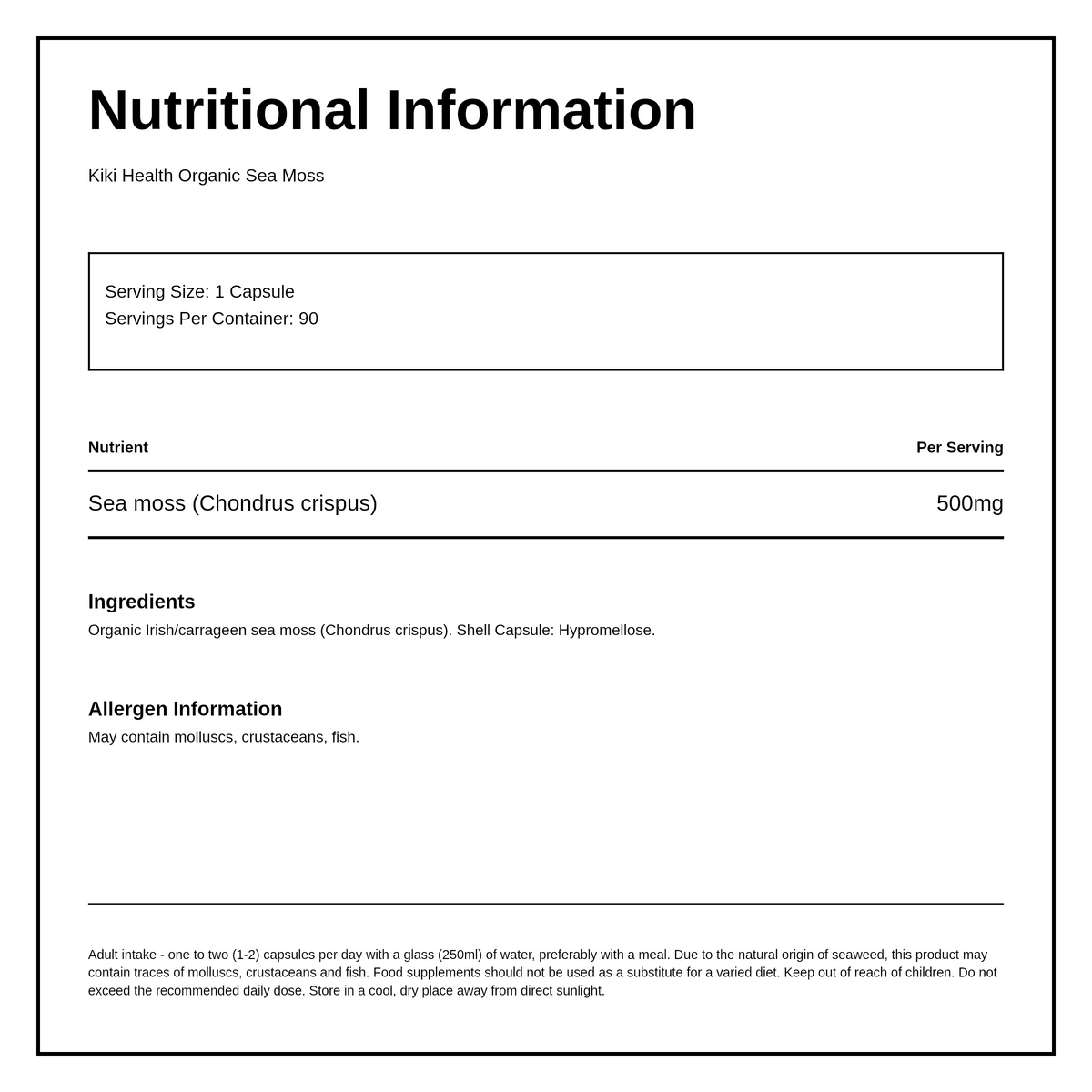 KIKI Health Organic Irish Sea Moss - 90 Vegicaps — nutrition information panel, generated from the pack