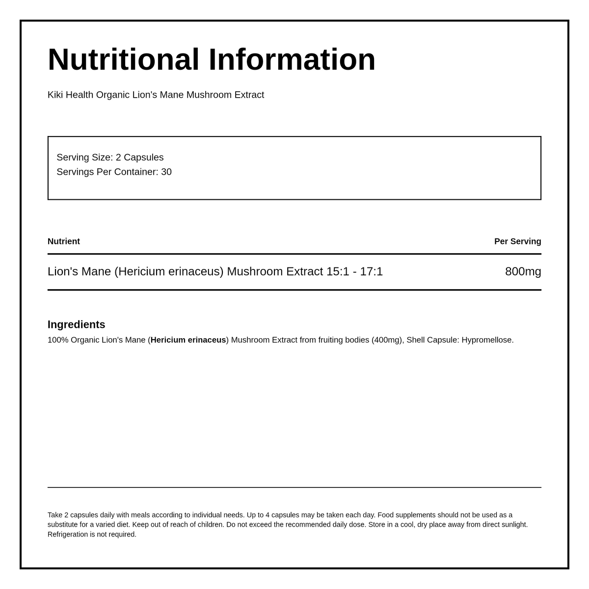KIKI Health Organic Lion's Mane Extract Mushroom 60 Vegicaps — nutrition information panel, generated from the pack
