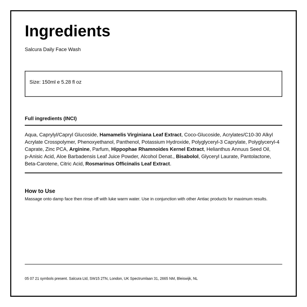 Salcura Antiac DAILY Face Wash — ingredients (INCI) panel, generated from the pack