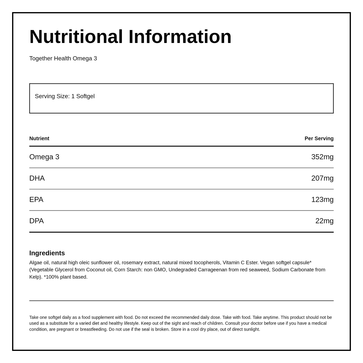 Together Health Together Algae Omega 3 DHA & EPA - 30 Caps — nutrition information panel, generated from the pack