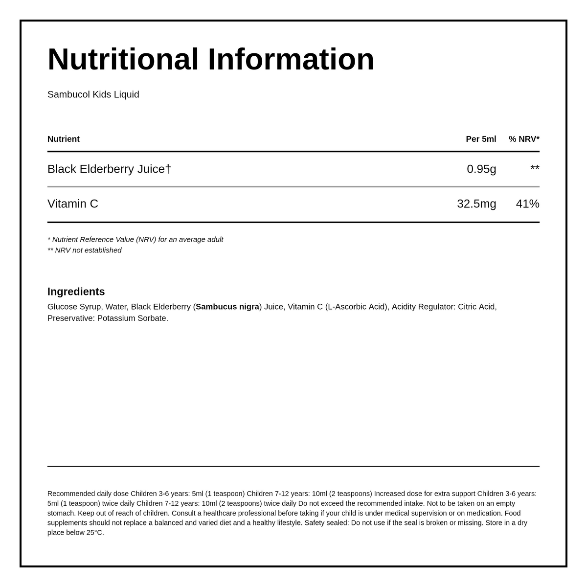 Sambucol Kids — nutrition information panel, generated from the pack