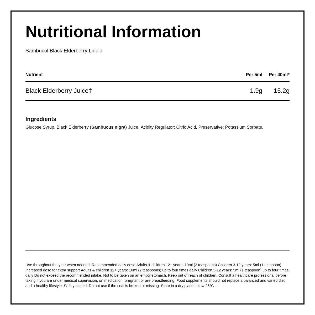 Sambucol Original — nutrition information panel, generated from the pack