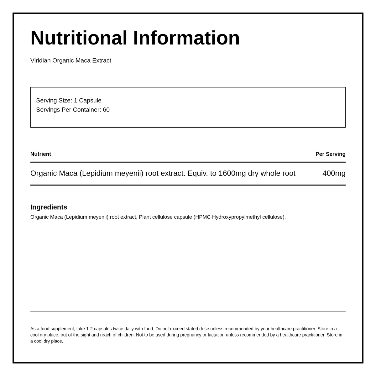 Viridian Organic Maca Extract 60 caps — nutrition information panel, generated from the pack