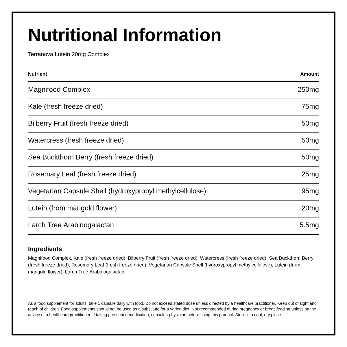 Terranova Lutein 20mg — nutrition information panel, generated from the pack