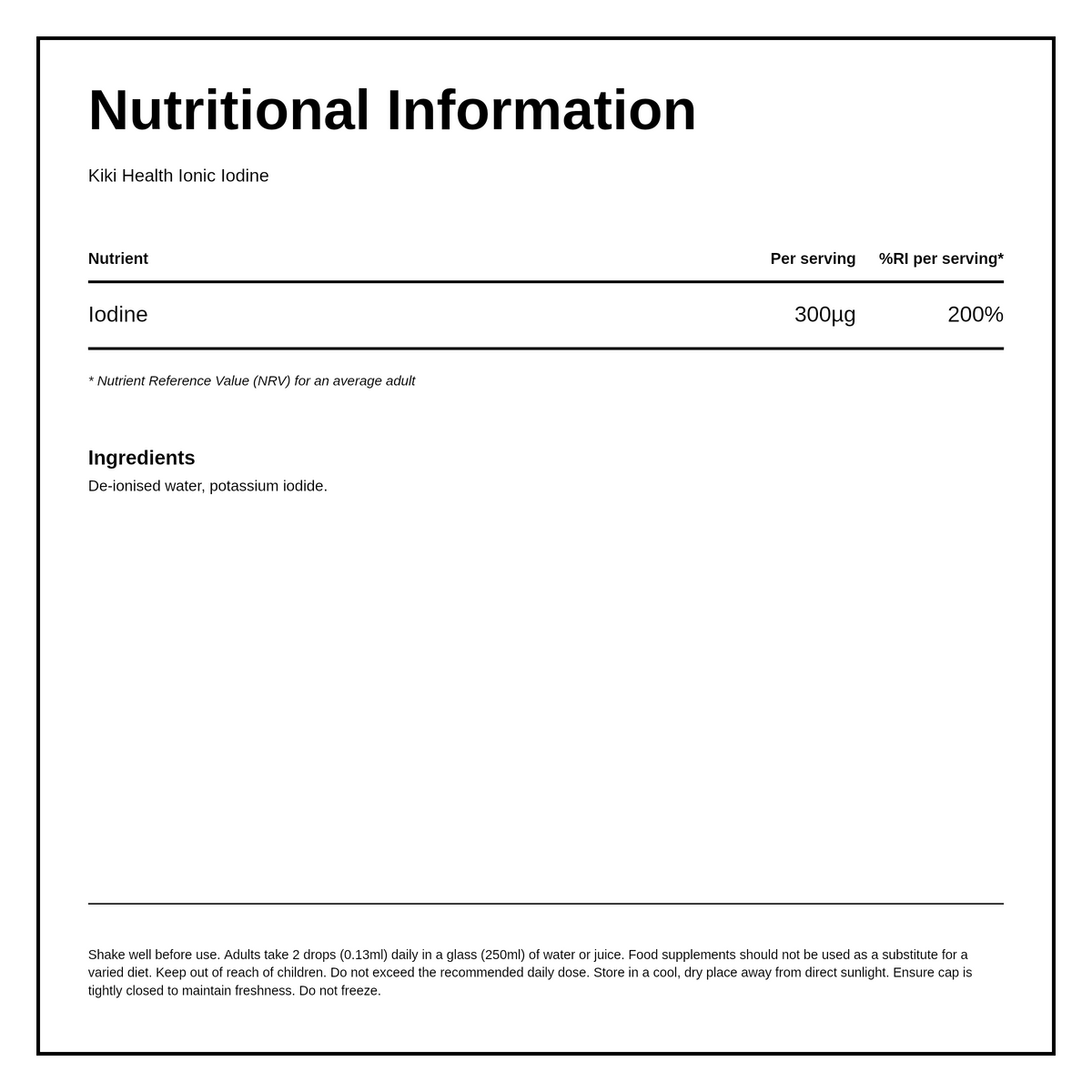KIKI Health Ionic Iodine Liquid Concentrate — nutrition information panel, generated from the pack