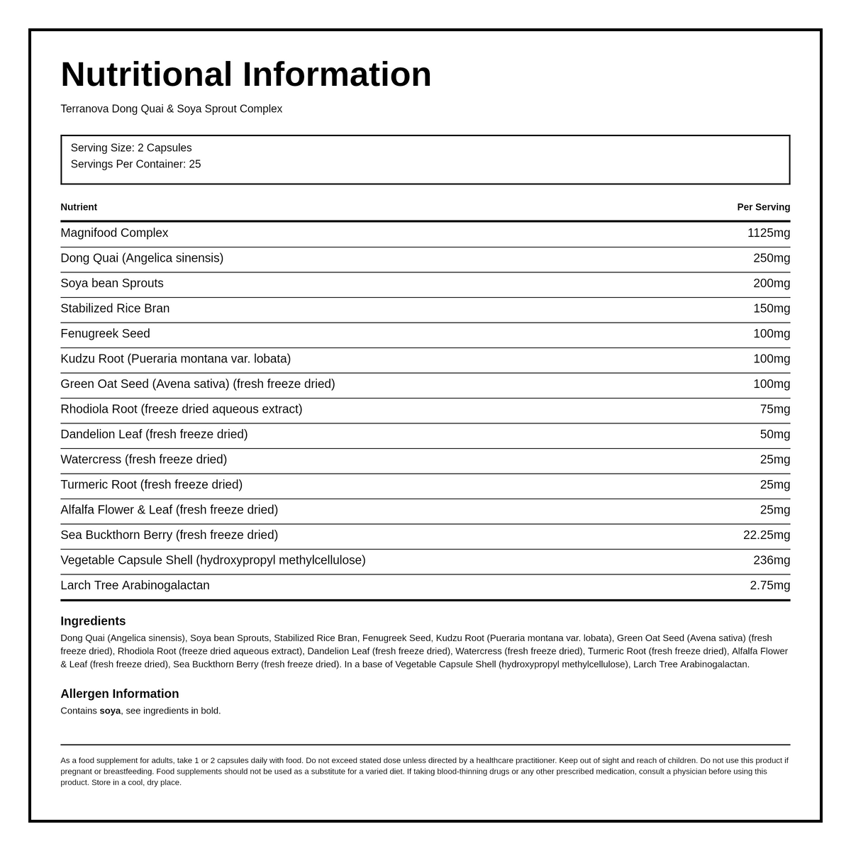 Terranova Dong Quai Soya Sprout Complex — nutrition information panel, generated from the pack