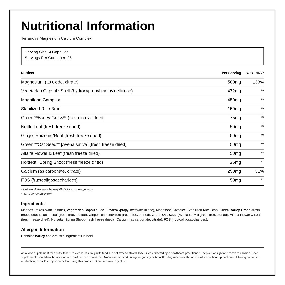 Terranova Magnesium Calcium Complex — nutrition information panel, generated from the pack