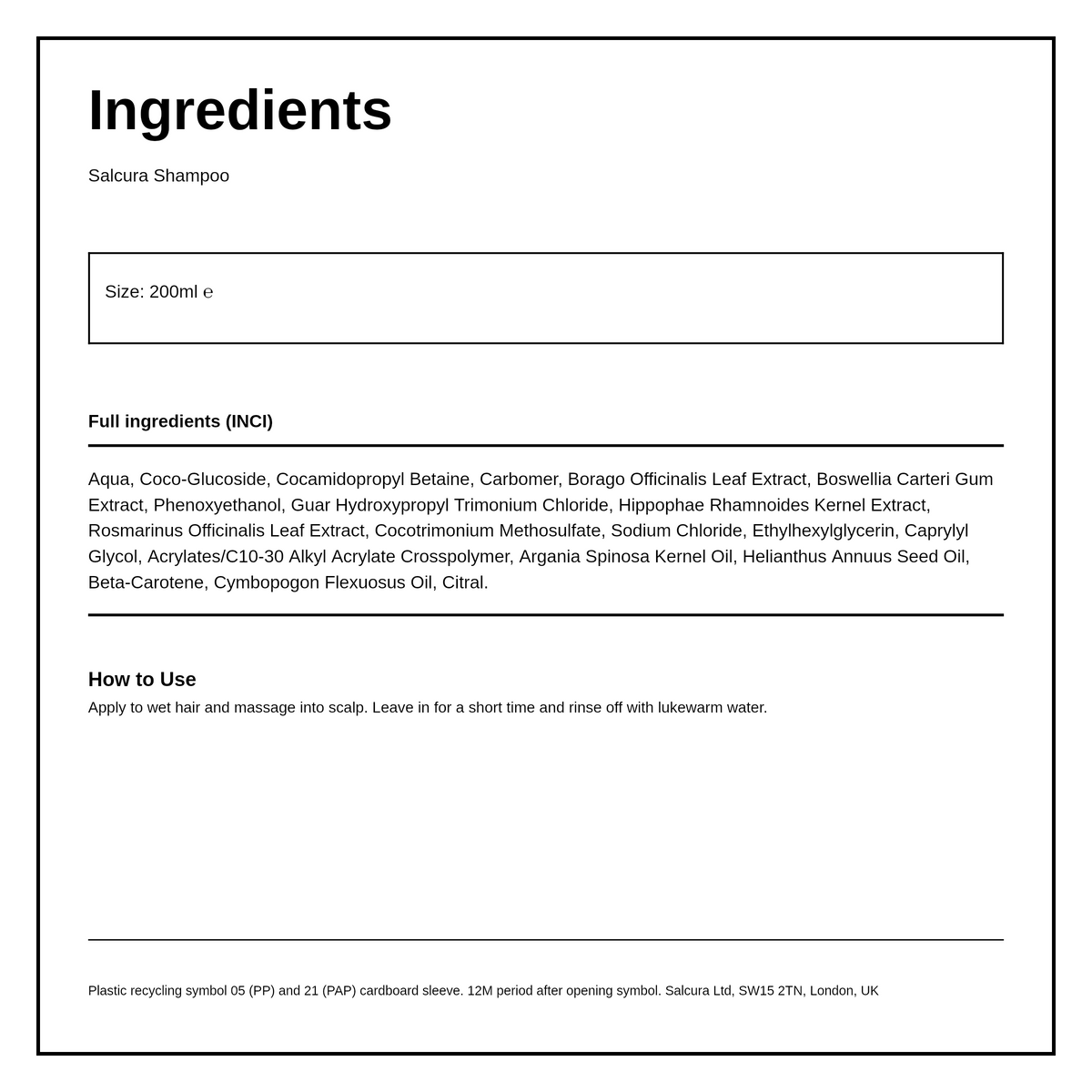 Salcura Omega Rich Shampoo — ingredients (INCI) panel, generated from the pack