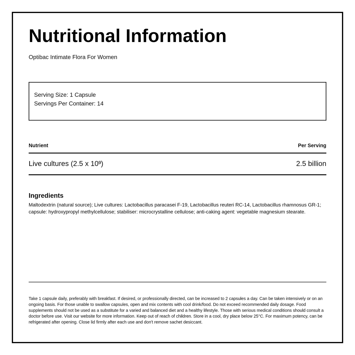 Optibac Probiotics For Women — nutrition information panel, generated from the pack