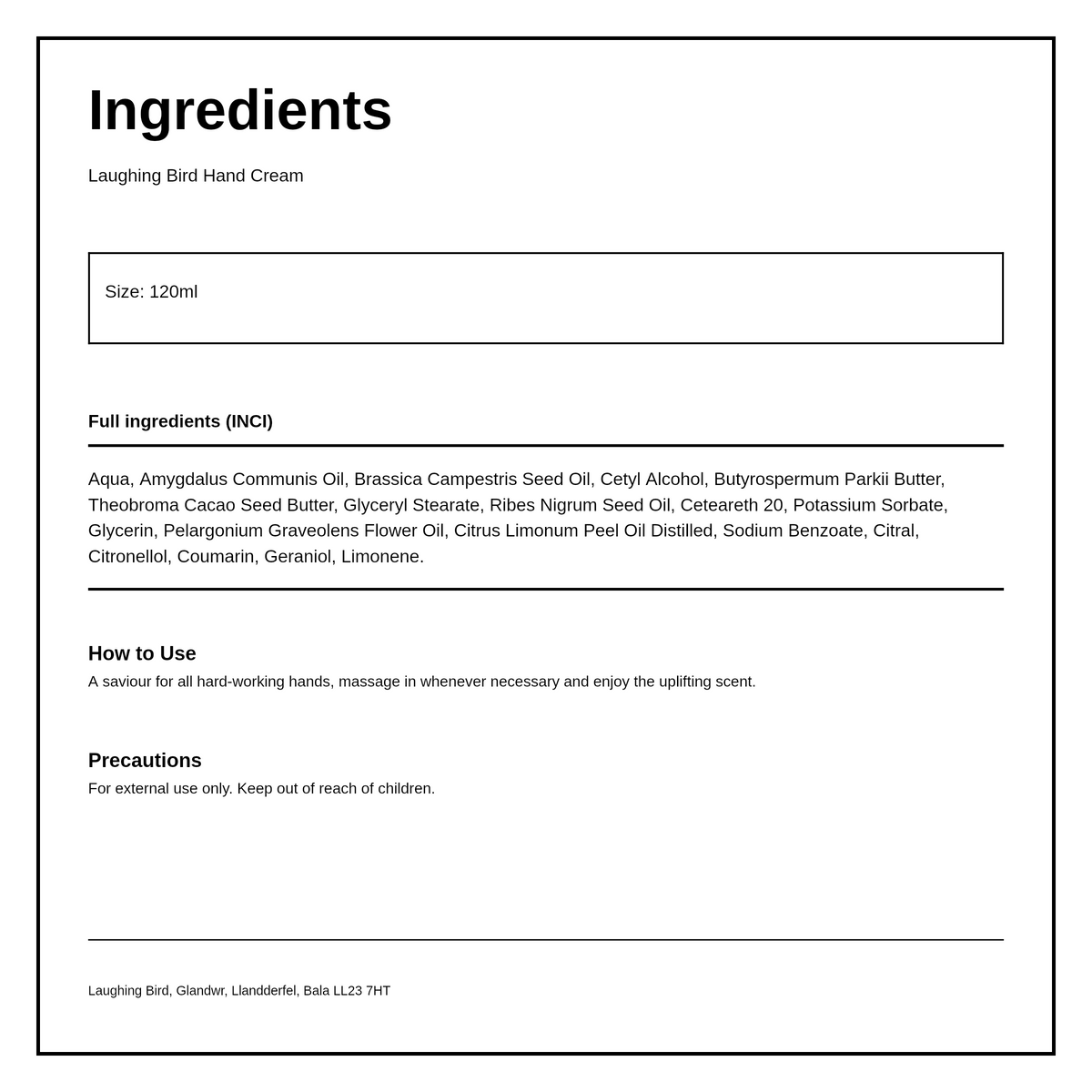 Laughing Bird Hand Cream Geranium & Lemon — ingredients (INCI) panel, generated from the pack