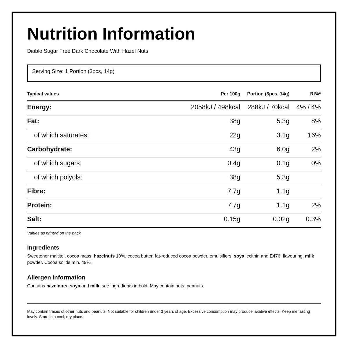 Diablo Sugar Free Dark Chocolate & Hazelnut — nutrition information panel, generated from the pack