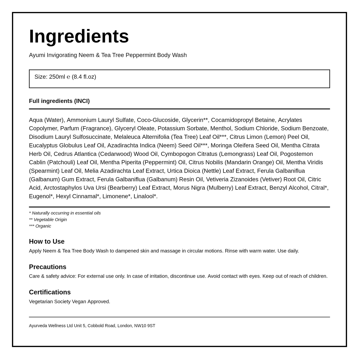 Ayumi Neem & Tea Tree Body Wash ml — ingredients (INCI) panel, generated from the pack