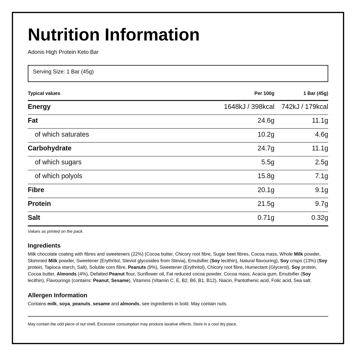Adonis Caramel Peanut Protein Bar — nutrition information panel, generated from the pack