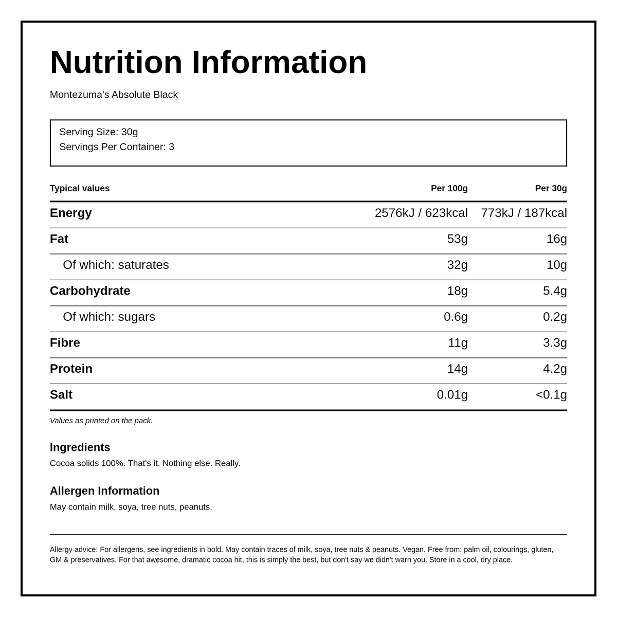 Montezuma's Dark Chocolate Absolute Black 100% Cocoa — nutrition information panel, generated from the pack
