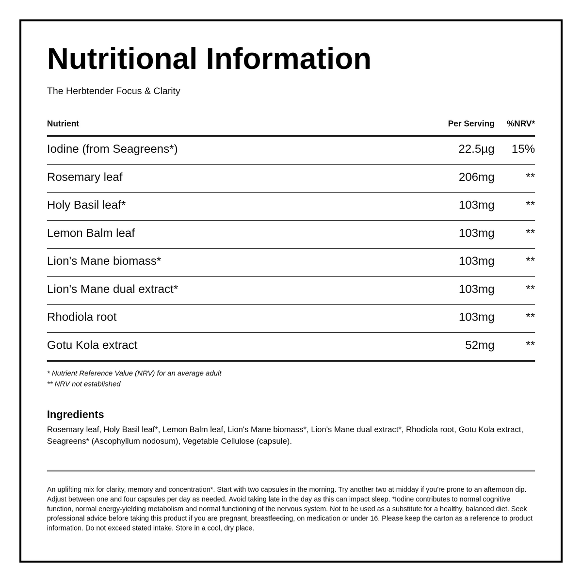 The Herbtender Focus & Clarity - Clear Concentration — nutrition information panel, generated from the pack