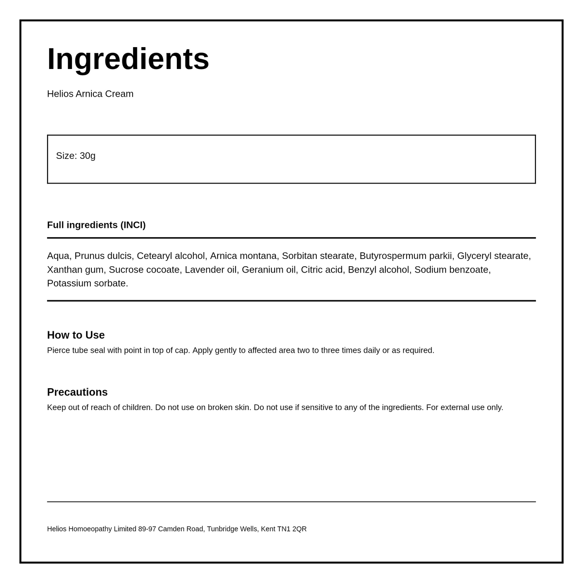 Helios Arnica Cream — ingredients (INCI) panel, generated from the pack