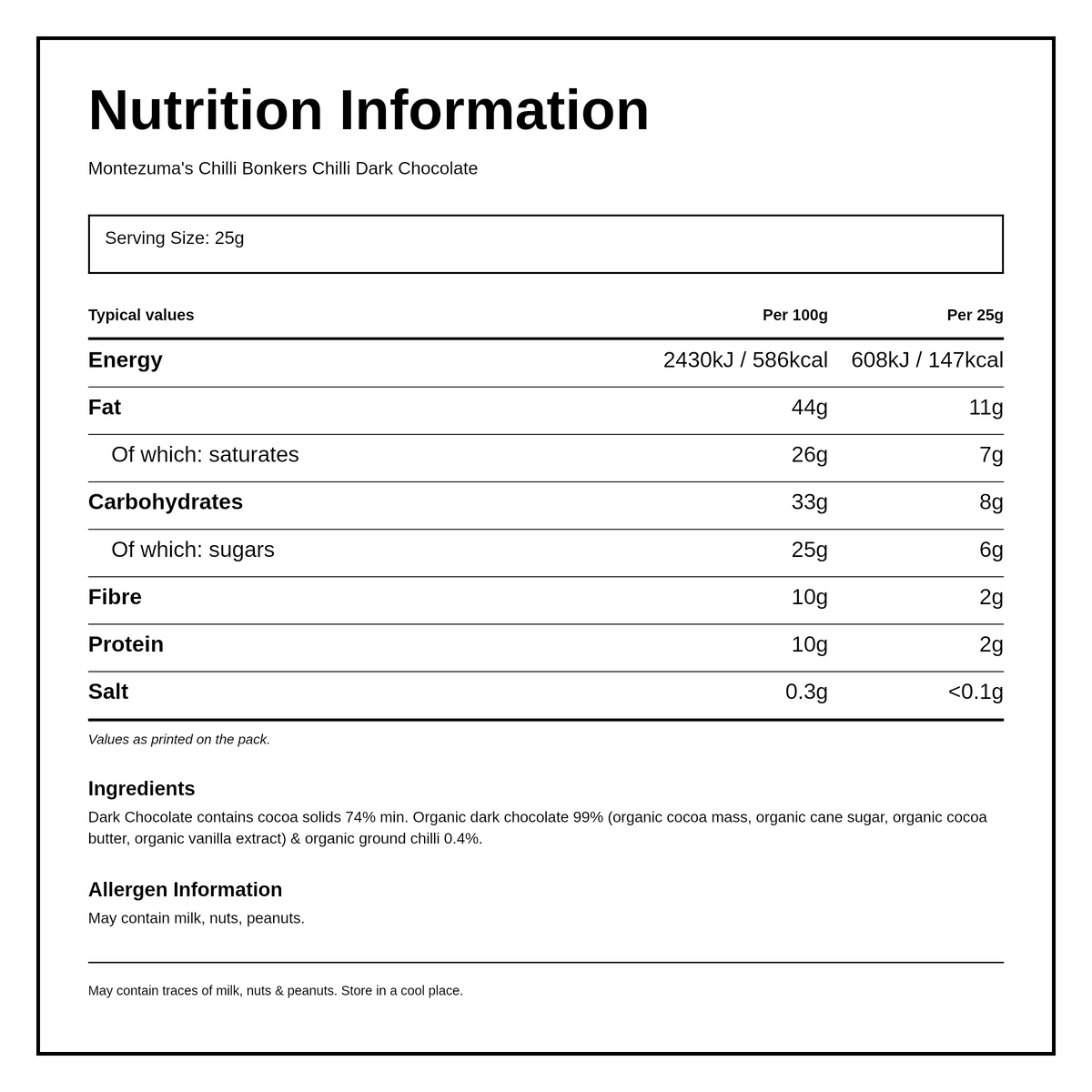 Montezumas Chocolate Chilli Bonkers Organic Dark Chilli Bar — nutrition information panel, generated from the pack
