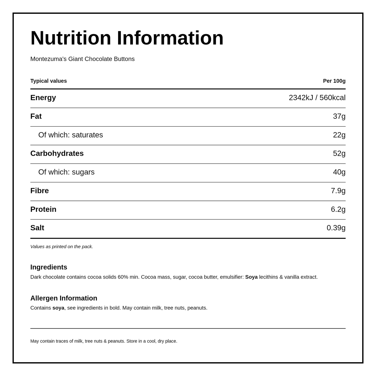 Montezumas Chocolate Giant Dark Chocolate Buttons — nutrition information panel, generated from the pack