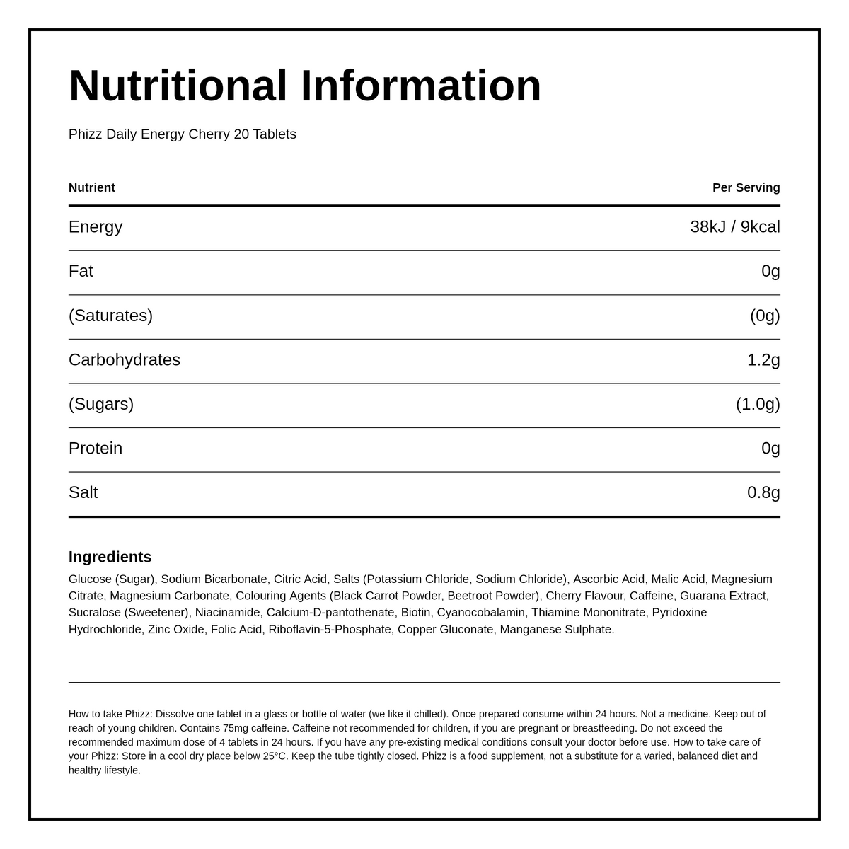Phizz 3-in-1 Hydration Electrolytes Vitamins - Cherry Caffeine Boost — nutrition information panel, generated from the pack