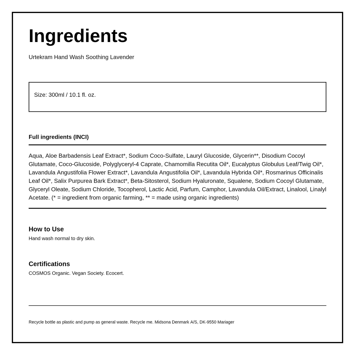 Urtekram Soothing Lavender Hand Soap — ingredients (INCI) panel, generated from the pack