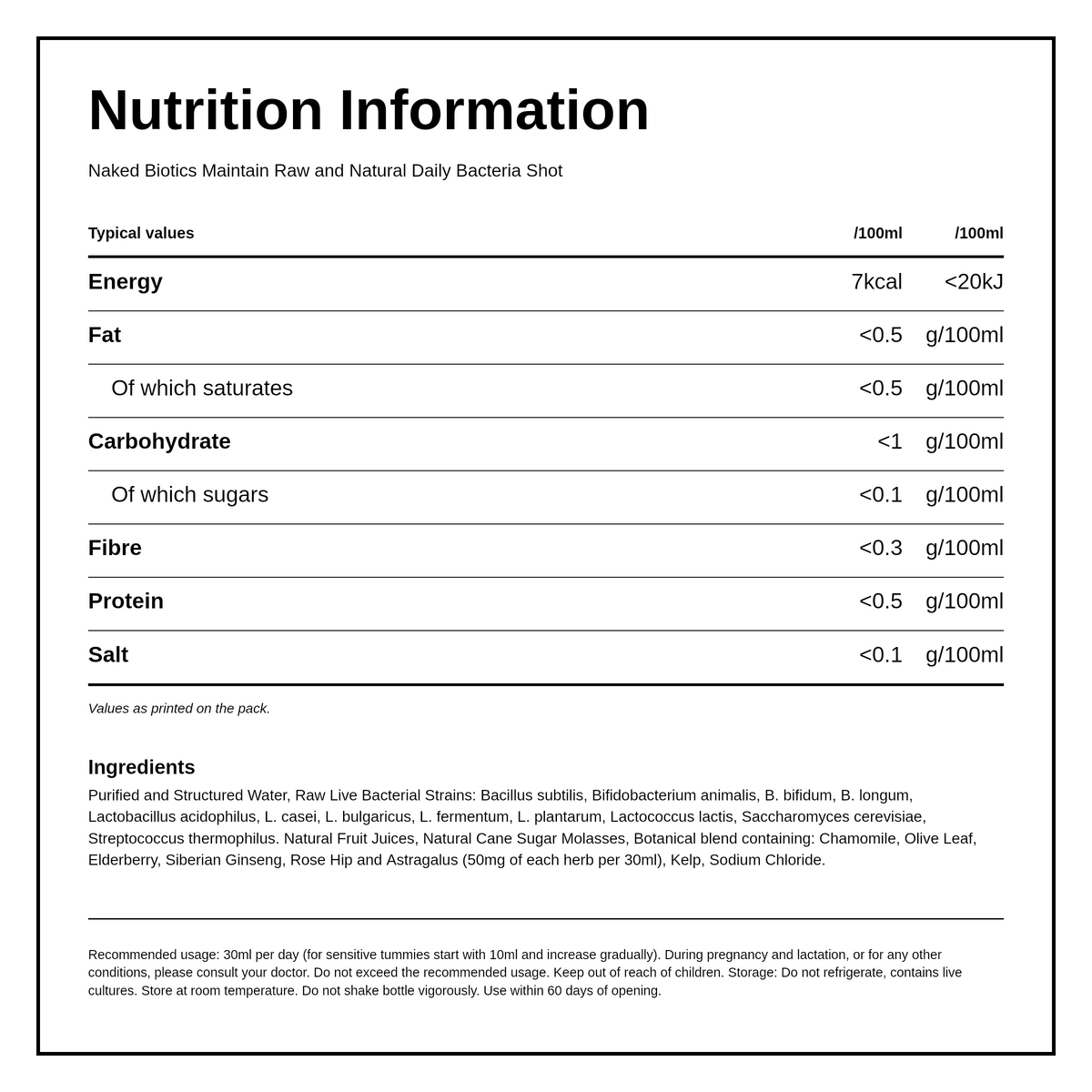 Naked Biotics Maintain — nutrition information panel, generated from the pack