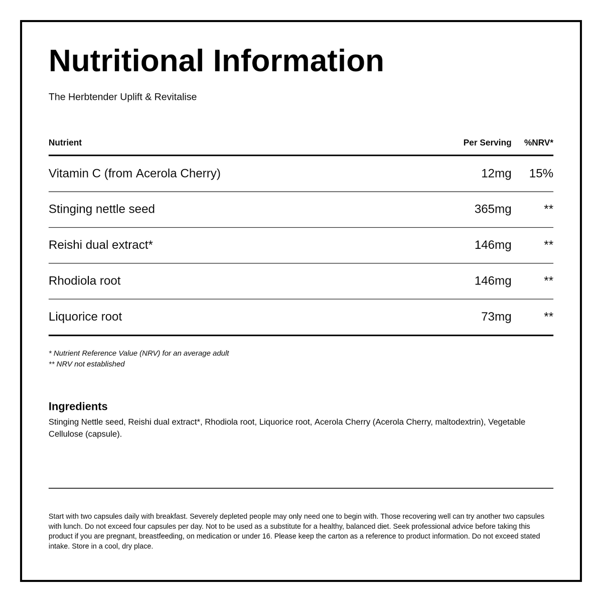 The Herbtender Uplift & Revitalise - Fatigue fighting — nutrition information panel, generated from the pack