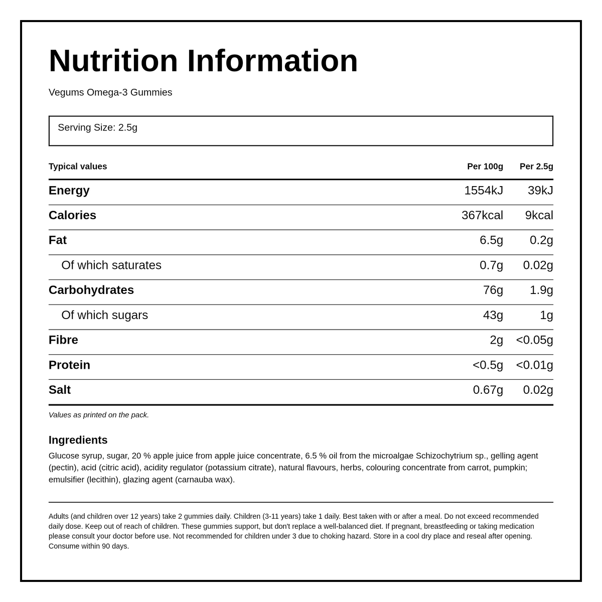 Vegums Omega Gummy For Vegans - O3300 — nutrition information panel, generated from the pack
